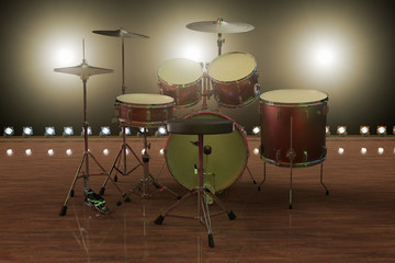 Fototapeta na wymiar 3D rendering of a drums on a stage