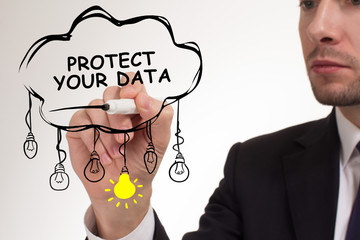Business, technology, internet and networking concept. Young entrepreneur showing keyword: Protect...