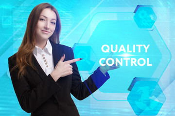 The concept of business, technology, the Internet and the network. A young entrepreneur working on a virtual screen of the future and sees the inscription: Quality control