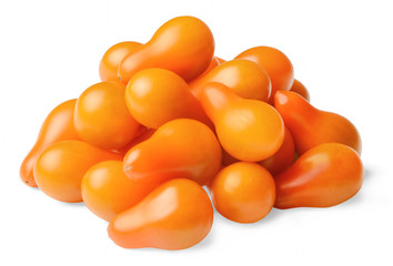 A bunch of cherry tomatoes pear-shaped on a white isolated background. Side view. Design element for print and web.