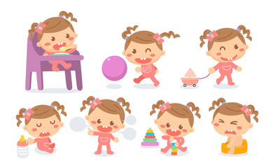 Set of baby girl development stages in actions. Baby milestones.
