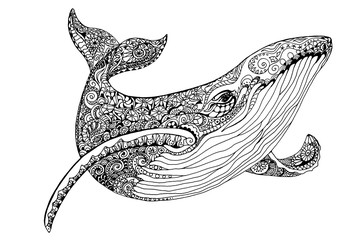 Illustration Whale for adult anti stress coloring pages. Ornamental tribal patterned illustration for tattoo, poster or print. Hand drawn monochrome sketch. Sea animal collection. - 270217145