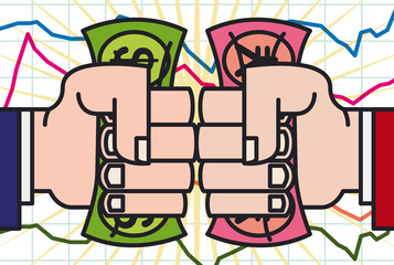 Money Fight: Yuan vs Dollar during Trade War, Vector Illustration