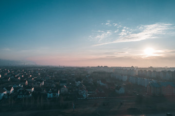 dawn and misty morning over the city