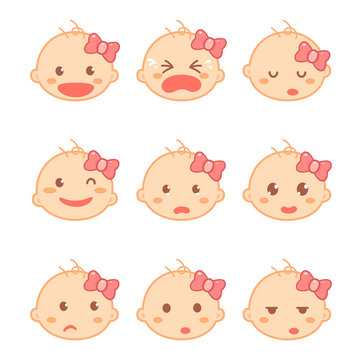 Set of a baby girl or toddler emotions in a flat design cartoon character. Baby development and milestones.