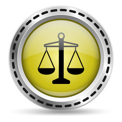 Justice icon. Yellow glossy button for web design. Metal case. Vector.