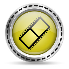 Fototapeta na wymiar Movie icon. Yellow glossy button for web design. Metal case. Vector.