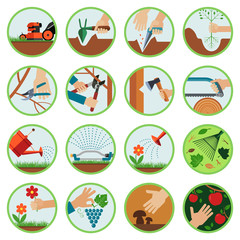 Gardening tools. Flat icon set presenting gardening. Set of various icons presenting different kind of work and usage of tools in gardening, lawn cultivation and in orchard.