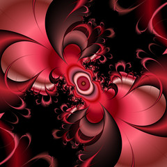 Red fractal, flowery leaves abstract background, hypnotic texture and design