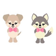 cartoon cute dog and wolf with bow vector