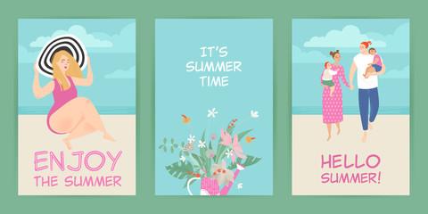 Set of vector cards with summer illustrations of cute character  and flowers
