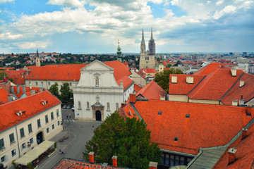 Obraz premium Amazing colorful rooftops and skyline of Zagreb Old town, Croatia. St. Catherine's Church.