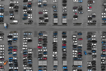 Aerial drone top view over cars on parking. Abstract pattern