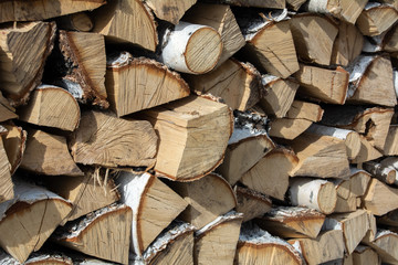 A texture birch firewood stacked on top of each other