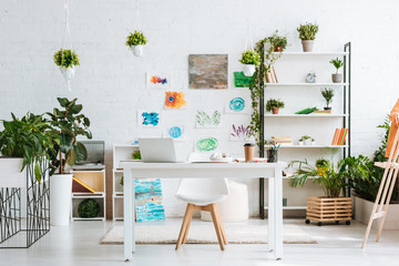 spacious room with desk, chair, rack, green potted plants and painting on white wall