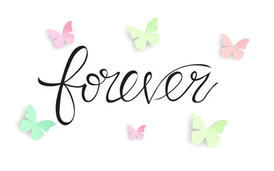 colorful butterfly graphic with lettering 'forever' apparel print. vector illustration
