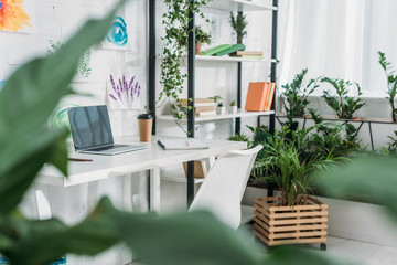 selective focus of spacious room with laptop on table and rack with books and potted plants