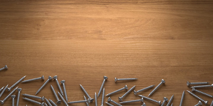 3D Illustration Holzbrett mit Schrauben