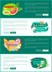 Summer sale seasonal offer. Posters with text sample and buttons. Clearance propositions, watermelon and seashells on beach, flowers blooming vector