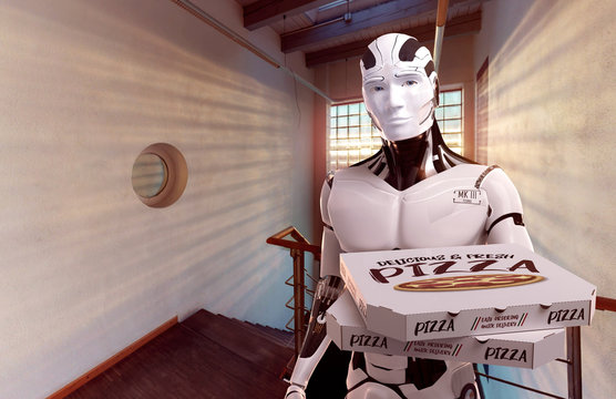 3D Illustration Roboter pizzaservice im Treppenhaus