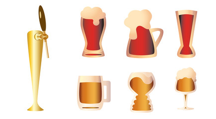 Set of flat hand drawn red and amber beer mug icons and beer tap isolated on white. IPA, India pale ale. Beer day party concept