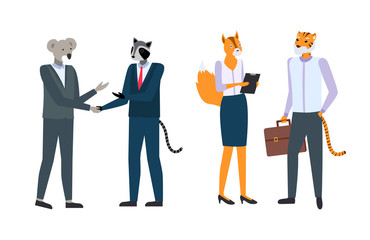 Business people in animal masks and expensive suits shaking hands. Businessman with koala face and badger head , woman fox and man tiger with briefcase isolated © robu_s