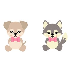 cartoon cute dog and wolf with bow sits vector