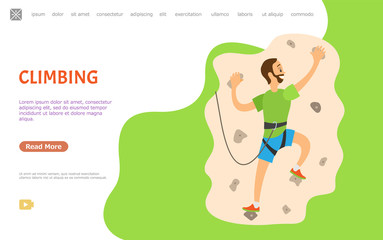 Climbing hobby vector, man wearing special protective equipment hanging on wall with rocks and stones. Extreme climb sporting activity of male. Website or webpage template, landing page flat style