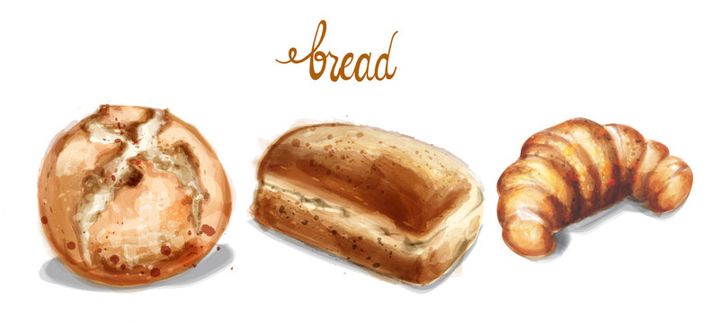 Watercolor bread set Vector illustration. Vintage homemade bakery bread