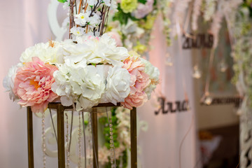 wedding arch close-up. Wedding accessories. white flowers decor