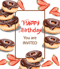 Birthday donuts Invitation card Vector watercolor. Chocolate strawberry sweet decors