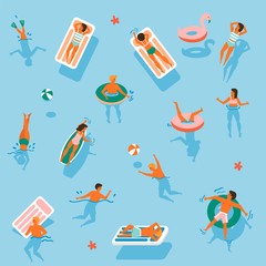 Vector seamless pattern. People swim on inflatable circles, inflatable mattresses, Top view. Summer time. Men and women swim in the ocean, sea, swimming pool. View from above.