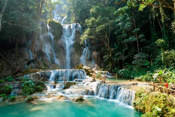Fleecedeken met foto Bos rivier Kuang Si Waterfall, Laos  © dinozzaver