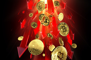 Red arrows pointing down as Bitcoin (BTC) price falls down with great speed. Cryptocurrency prices rapidly decline, high risk - high loss concept concept. 3D rendering