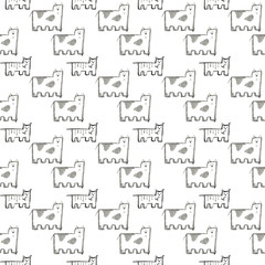 Doodle cats seamless pattern. Black and white cute background. Great for coloring book, wrapping, printing, fabric and textile.  illustration