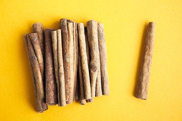 Set of cinnamon sticks on yellow background