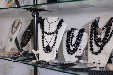 Counter with onyx jewelry in store