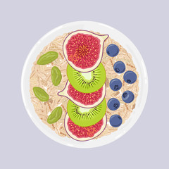 Oat flakes in a bowl with figs, kiwi, blueberries and pistachios, top view. Healthy natural breakfast. Portion of oats with fruits and nuts in a bowl isolated on background. Vector illustration. - 270226139