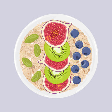 Oat flakes in a bowl with figs, kiwi, blueberries and pistachios, top view. Healthy natural breakfast. Portion of oats with fruits and nuts in a bowl isolated on background. Vector illustration.