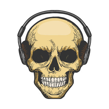 Human skull listens music on headphones color sketch engraving vector illustration. Scratch board style imitation. Hand drawn image.