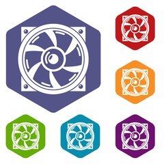 Thermal fan icons vector colorful hexahedron set collection isolated on white