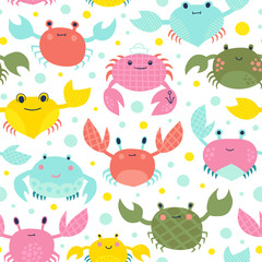 Crabbing vector background. Seamless pattern with colorful cartoon crabs.