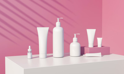 3d render of cosmetic bundle for skin hair care. White plastic package in row on bright millenial pink background. Sunny still life beauty branding set with fern shadows. Salon products mock up.