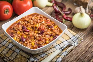 Chili con carne in a bowl.