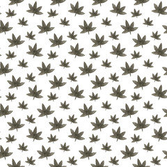 Fototapeta na wymiar Watercolor pattern with hemp. Botanical hand drawn ink illustration with cannabis leaves isolated on white background. Mj leaves