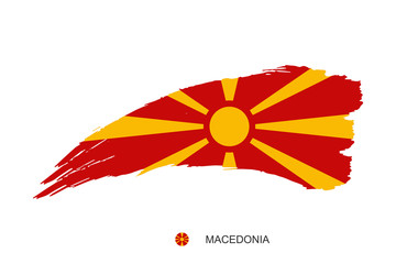 Watercolor painting MACEDONIA national flag. Grunge brush stroke macedonian Independence day red stripe with yellow sun nation symbol - Vector abstract illustration