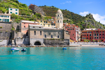 View on seaside and typical houses in small village, Vernazza, Cinque Terre, Italy