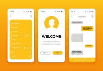 Mobile app user interface screen design. Vector set of modern UI, UX, GUI screens and web icons. Mobile ui kit with welcome window, registration, home page, concept chat messenger and settings