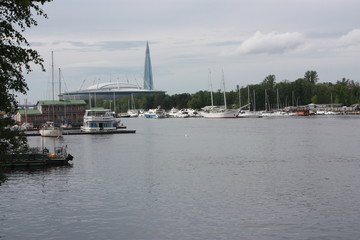 Fototapeta na wymiar view of the Neva river and yacht club in St. Petersburg 