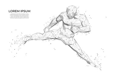 Fototapeta na wymiar Abstract athlete Abstract athlete boxer. Human body low poly wireframe. Abstract Sport, Fitness poster with man kickboxer from triangles, low poly style. Vector polygonal futuristic image. 